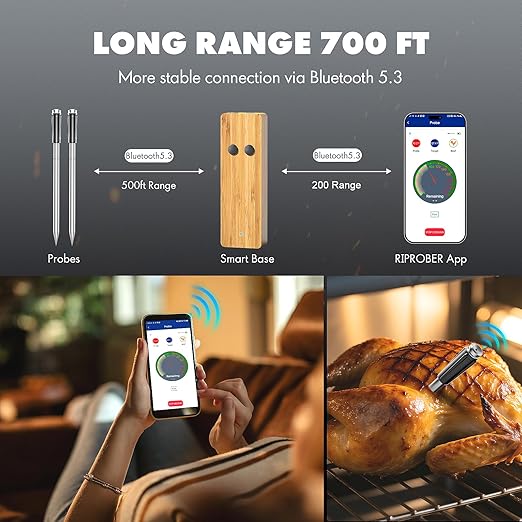 Wireless Meat Thermometer with 2 Ultra-Thin Probes, 700FT Long Range, 1000°F Heat Resistant, ±0.5°F Accuracy, App Controlled for iOS/Android - Ideal for BBQ, Grill, Oven, Smoker, 2025 New