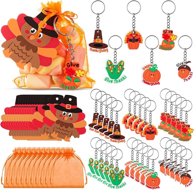 90 Pcs /30 Set Friendsgiving Party Favors for Guests Includes Thanksgiving Turkey Keychain with Organza Bags and Thank You Card for Thanksgiving Fall Party Supplies Guest Friends Gift
