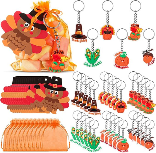 90 Pcs /30 Set Friendsgiving Party Favors for Guests Includes Thanksgiving Turkey Keychain with Organza Bags and Thank You Card for Thanksgiving Fall Party Supplies Guest Friends Gift