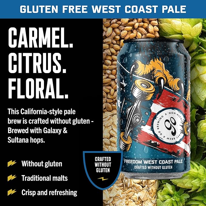 Go Brewing - Freedom West Coast Pale without Gluten - Non-Alcoholic Craft Beer - Small Batch, Low-Calorie Brew - Caramel, Citrus, & Floral Flavor Profile - Bold & Smooth Finish - Ideal for Any Occasion (12 Oz, 12 Cans)