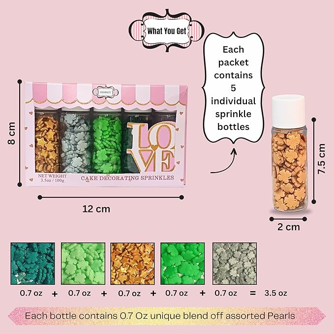 Confect St. Patricks Green & Silver Clover Sprinkles | Gold Star Sprinkles for Baking & Cake Decorative | Birthday Sprinkle mix pack of 5 | Soy-Free, Dairy-Free, Palm Oil-Free - 5 Oz