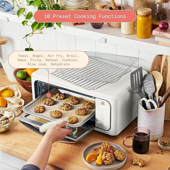 Beautiful Infrared Air Fryer Toaster Oven Kit – Special Edition Multi‑Function Countertop Oven with 10 Presets, Fast Heating & Accessories by Drew Barrymore (White)