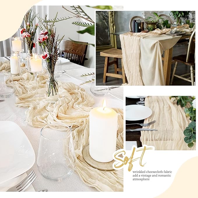 12 Pack Ivory Cheesecloth Table Runner 17x108 Inch Semi Sheer Boho Gauze Cheese Cloth Fabric Table Runners, for Wedding Party Baby Shower Birthday Home Decor Garden Farmhouse