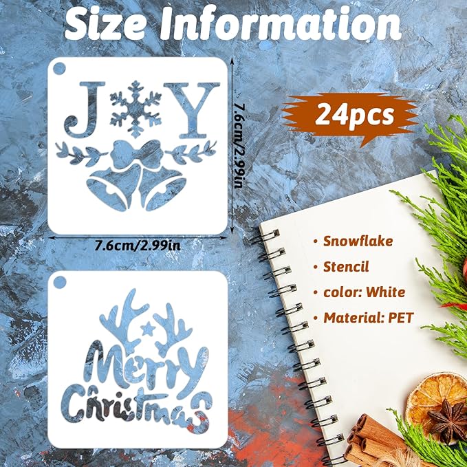 24 Pcs Christmas Stencils for Crafts Reusable, 3x3in Christmas Snowflake Stencils for Painting on Wood, Winter Holiday Templates for Greeting Cards, Crafts Ornaments Wall Window Door DIY Decoration