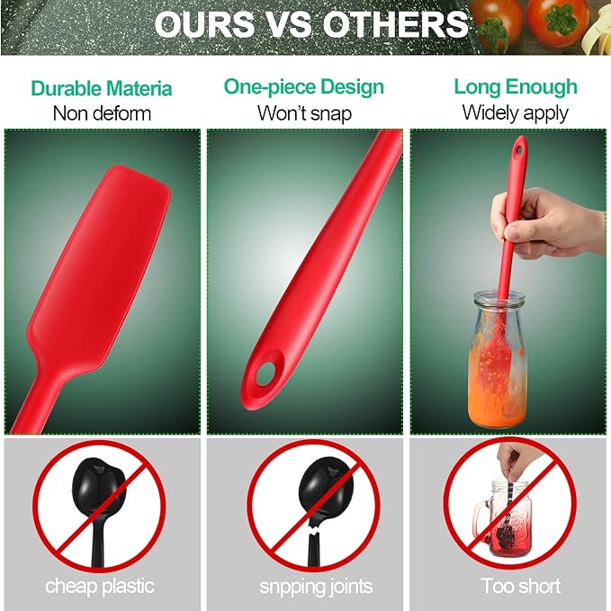 2 Pieces Long Handle Silicone Jar Spatula Non-Stick Rubber Scraper Spatula Silicone Scraper for Jars, Smoothies, Blenders Cooking Baking Stirring Mixing Tools (Red)