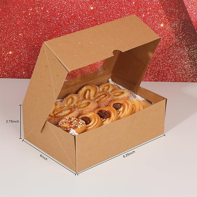 12pcs Gold Star Cookie Boxes, Brown Bakery Boxes with Window 8.25x6x2.75in Gold Foil Star Treat Cake Boxes for Gift Giving Pastry Dessert Cupcakes Candy Donut Packaging (KRAFT PAPER, 12)