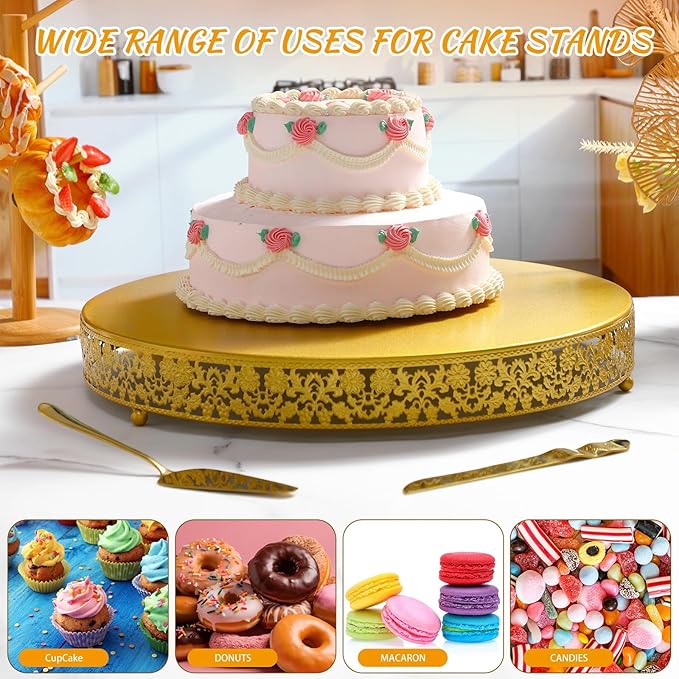Wenqik 18 Inch Gold Metal Cake Stand Set Round Cupcake Dessert Stand with Cake Cutting & Spatula Candy Table Display for Party Wedding Birthday Baby Shower Housewarming Party Celebration