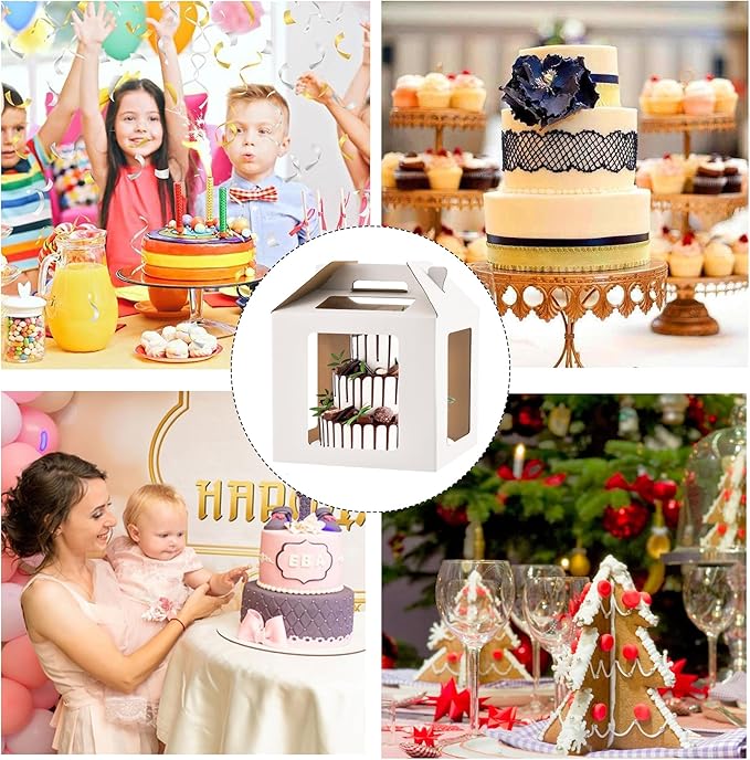 XININSUN Tall Cake Boxes for Tier Cakes 14x14x14 Inch Tall Cake Carrier with 6 Windows,Large Tierd Cake Take Out Transport Containers with Handle for Wedding, Birthday, Party-5Pack