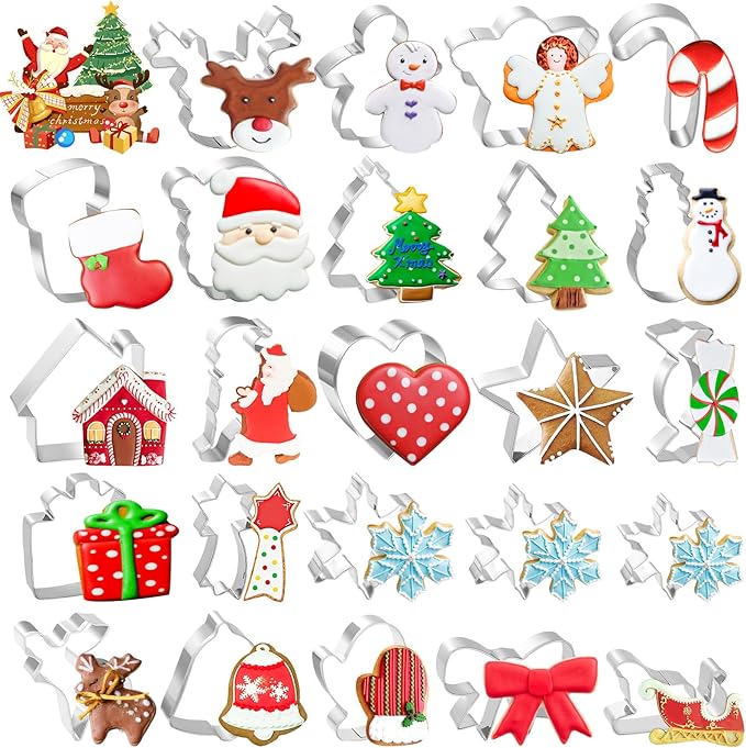 Lezmarket 24Pcs Christmas Cookie Cutters Set, Stainless Steel Metal Winter Holiday Cookie Cutter Christmas Shapes - Snowman, Christmas Tree, Gingerbread, Snowflake, Angel, Bells, Santa Claus, Candy