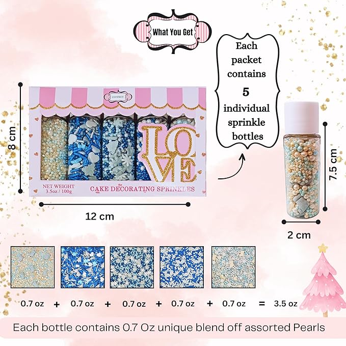 Confect Christmas Sprinkles | Christmas Sprinkles - Blue White & Gold Pearls Sparkling sugar I Christmas Tree Stocking & Snowflakes s for Dessert Decorating- 5 Oz