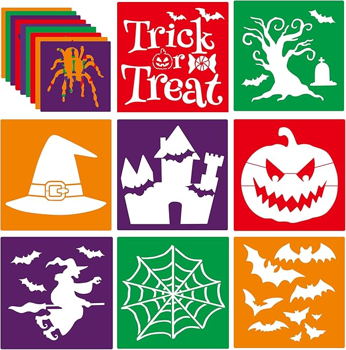 24 Pieces Stencils,Large Drawing Stencils Chalk Template,8 Inches Washable Shape Template Kit for Crafts,Painting Drawing (Halloween, 8 inch)