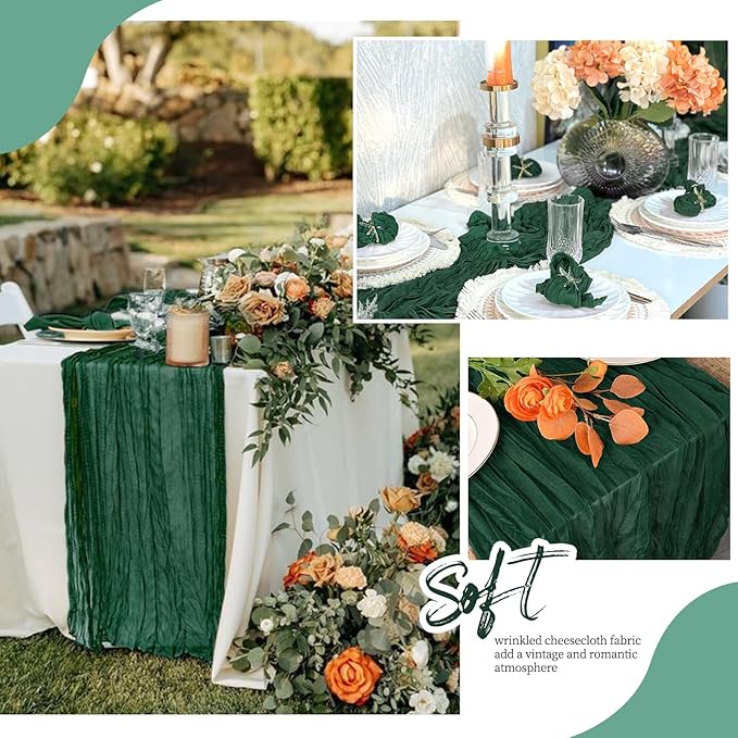 6 Pack Emerald Green Cheesecloth Table Runner 17x108 Inch Semi Sheer Boho Gauze Cheese Cloth Fabric Table Runners, for Wedding Party Baby Shower Birthday Home Decor Garden Farmhouse