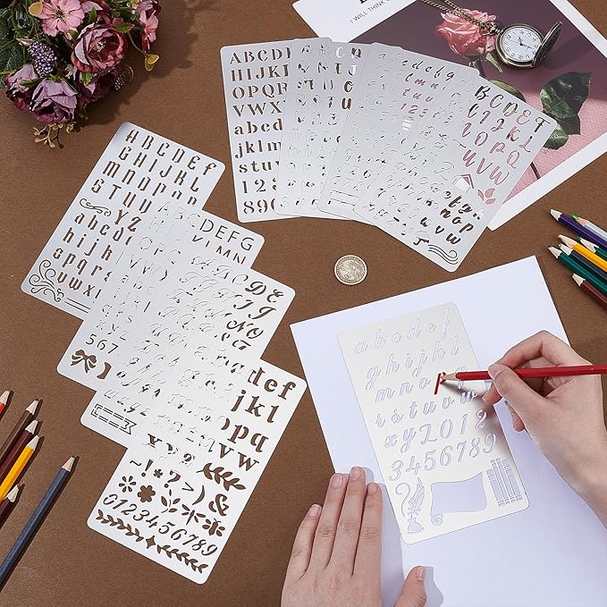 9PCS Metal Stencils Wood Burning Stencil Metal Letter Stencil Alphabet and Number Stencils for Journaling Engraving Templates for Wood Carving Drawing Scrapbooking Journal Craft DIY