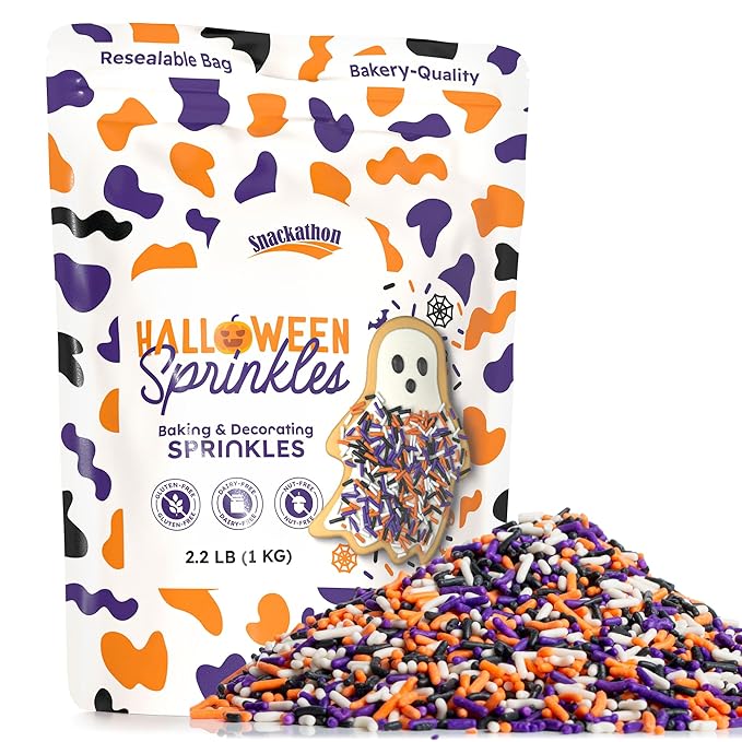 Snackathon Sprinkles for Baking & Decorating, Halloween Sprinkles, 2.2 LB Bulk Spooky Jimmies in Resealable Pouch – Orange, Black, Purple & White Colors for Cupcakes, Cookies, and Treats