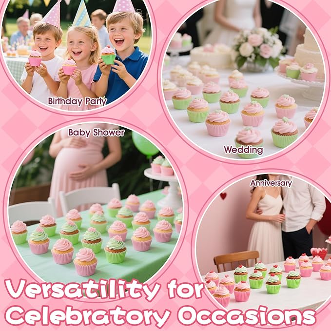 200PCS Pink and Green Cupcake Liners Muffin Baking Cups Wrappers for Pink and Green Birthday Party Supplies Disposable Pastel Cupcake Papers for Witch and Princess Theme Birthday Party Decoration