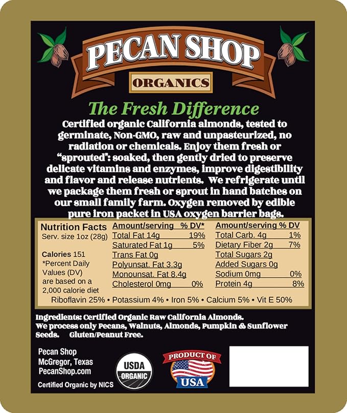 Pecan Shop Sprouted Raw Organic California Almonds 20 lbs-Unsalted Family Recipe Crispy