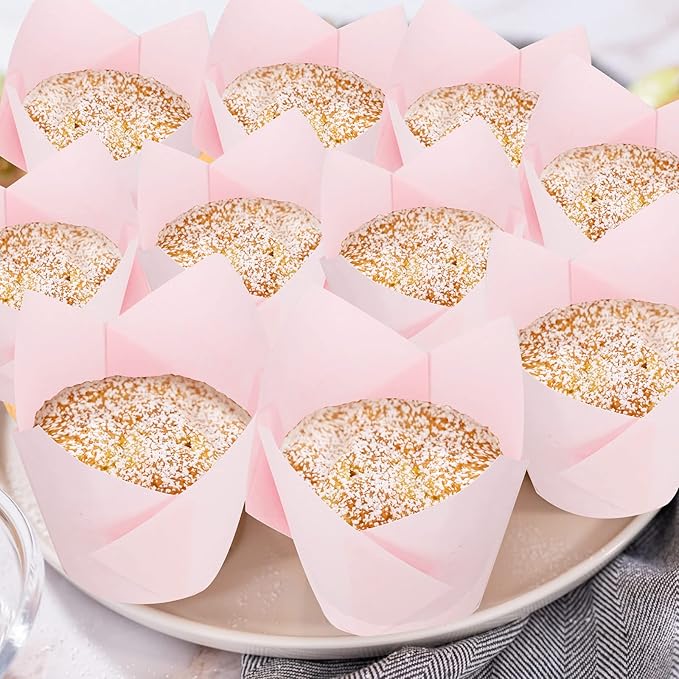 Jutom 200 Pack Tulip Cupcake Liners Paper Baking Cups Greaseproof Muffin Liners Grease Resistant Cupcake Wrappers for Weddings Birthday Cake Balls Muffins Candy Jelly Party(Pink)