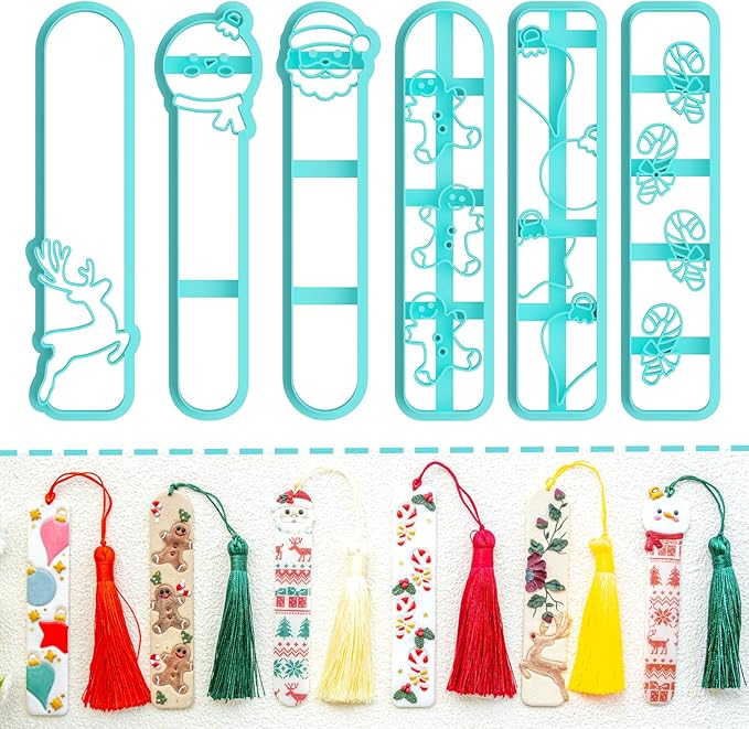 Tainsky 6 Shapes Christmas Bookmarks Polymer Clay Cutters, New Years Winter Bookmark Creator for Polymer Clay Tools