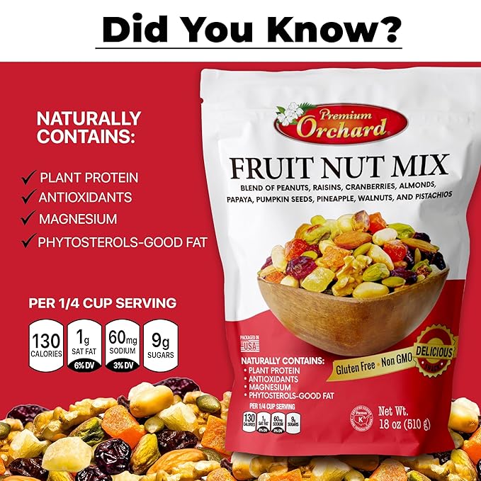 FRUIT NUT MIX TRAIL MIX by PREMIUM ORCHARD - Gourmet Trail Mix Bulk Blend of Mixed Nuts & Dried Fruit - Healthy Vegan Snacks, Snack Nut Mix, Plant Protein Source, Non-GMO, Natural - 18oz