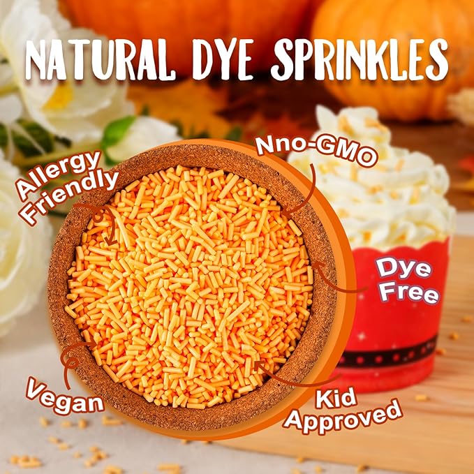 Orange Jimmies Sprinkles Dye Free - No Artificial Dyes Natural Orange Sugar for Baking, Cake Decorating, Cookie, Cupcake, Ice Cream Toppings & More, Holiday Treats Halloween Thanksgiving Autumn Supplies