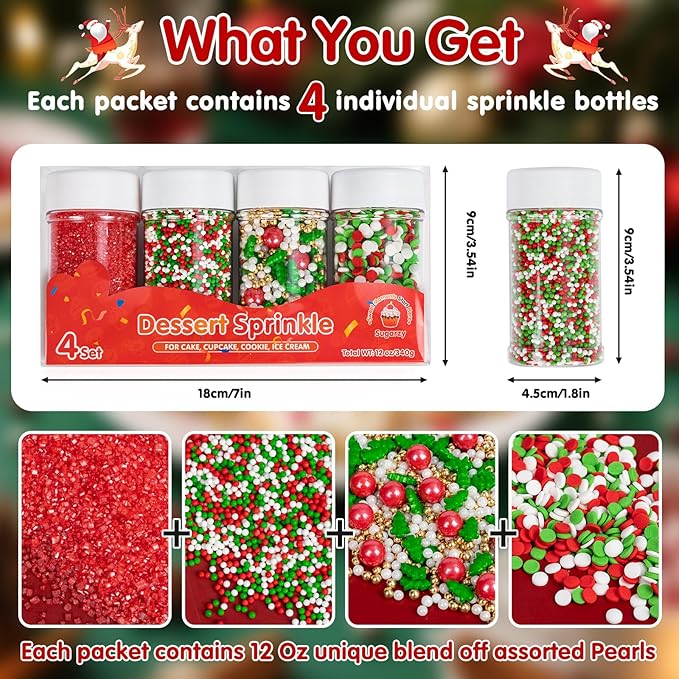 Edible Christmas Sprinkles for Cake Decorating,4 Pack 12 oz,Red White Green Gold Pearls and Christmas Confetti Trees Candy,Nonpareils Sprinkle,Red Sanding Sugar Holiday sprinkle for Cupcake Toppers, Cookie, Ice Cream Decorations Christmas Party