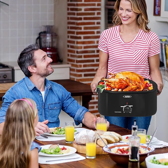 Sunvivi 26 Quart Electric Roaster Oven Turkey Roaster with Lid Electric Roasters with Removable Pan Large Roaster,Visible & Self-basting Lid, Fast Heating & Thaw/warming Setting,Black