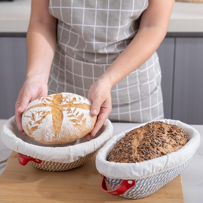 8Pc Sourdough Bread Making Starter Kit; Supplies with Tools for Perfect Sourdough Bread Loaf; Glass Sourdough Starter Fermentation Jar and 2 Breathable Sourdough Proofing Baskets
