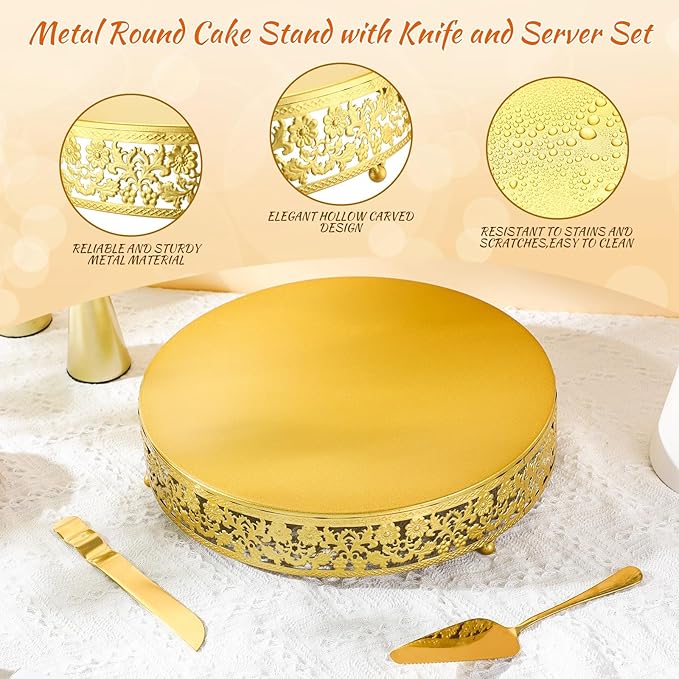 Wenqik 14 Inch Gold Metal Cake Stand Set Round Cupcake Dessert Stand with Cake Cutting & Spatula Candy Table Display for Party Wedding Birthday Baby Shower Housewarming Party Celebration