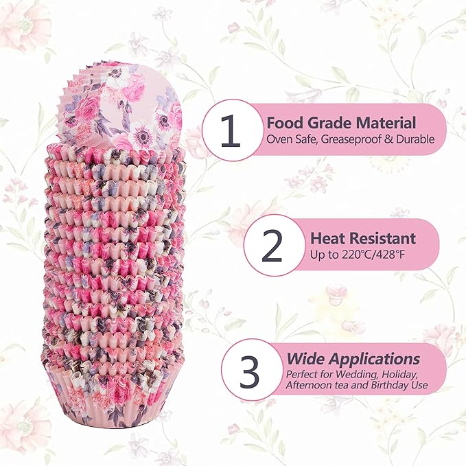 Floral Standard Cupcake Liners 400 Count Paper Baking Cups Food Grade Disposable Cupcake Wrappers, Pink