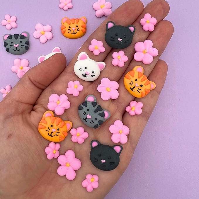 Icing Kittens & Blossoms | 26 Pieces | Sugar Decorations | Icing Cats | Mini Sugar Cats | Edible Sugar Kitties | Icing Flowers | Cat Sprinkles | Sprinkle Mix | Pink Flowers | Royal Icing Cats | Simply Sucré (52 Kittens & Blossoms)