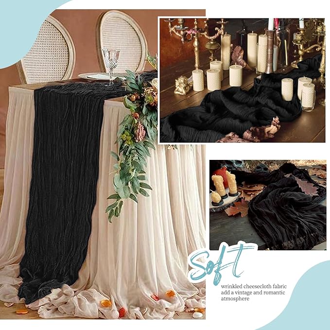 6 Pack Black Cheesecloth Table Runner 17x108 Inch Semi Sheer Boho Gauze Cheese Cloth Fabric Table Runners, for Wedding Party Baby Shower Birthday Home Decor Garden Farmhouse