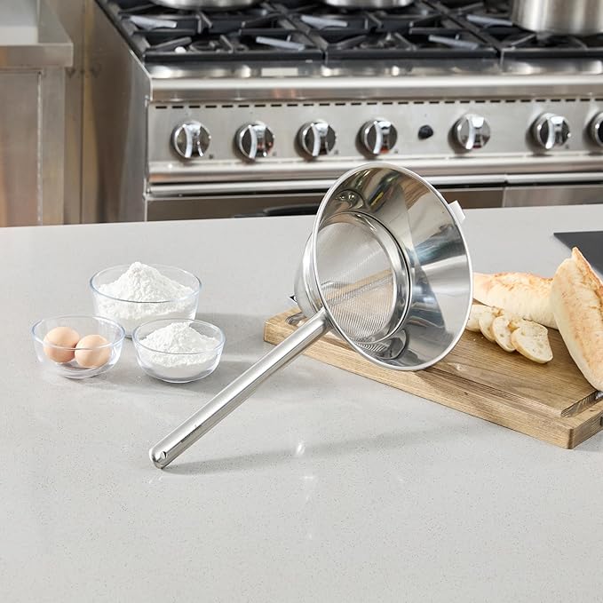 Restaurantware Chinois Strainer 1 Count 10.2" Stainless Steel Bouillon Cone with Extra Fine Mesh China Cap Strainer for Sauces, Stocks, Soups, Broths, Sifting, Sieving, Professional Kitchen Tools
