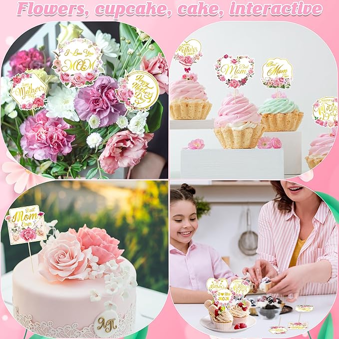 12 Pcs Happy Mothers Day Cupcake Topper, Flower Gold Foil Shape Mother's Day Cake Picks, Best Mom Ever Love You Mom Mother's Day Cake Sticks, Mom Cake Decorations for Mothers Day Party