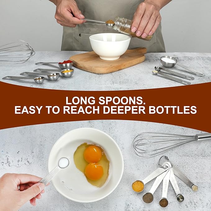 17 Pieces Measuring Cups & Spoons set, 7 Cups, 9 Spoons, 1 Leveler, 18/8 Stainless Steel，Kitchen Gadgets for Cooking & Baking with two Ring Connector, Silver
