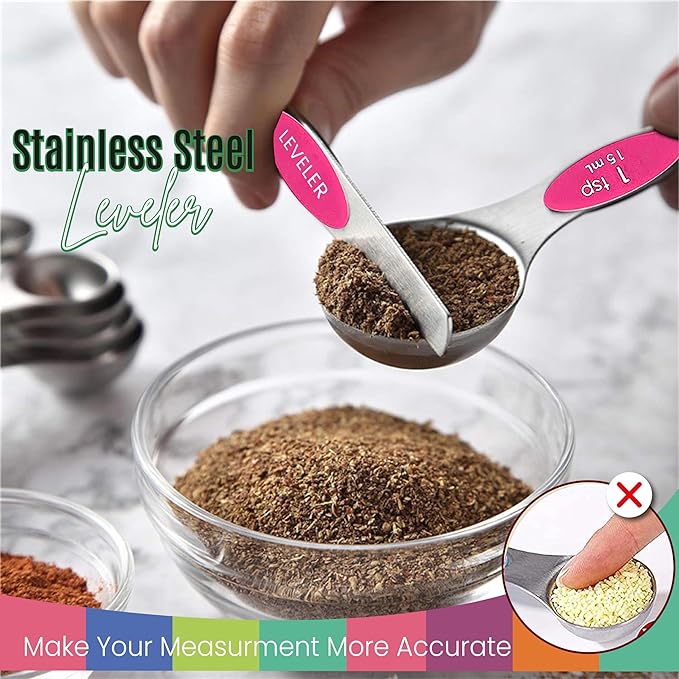 Magnetic Measuring Spoons Set of 9 Stainless Steel Dual-Sided Stackable Measuring Spoon Nesting Teaspoons Measuring Dry and Liquid Ingredients, Fits in Spice Jars Set of 9 (Pink)