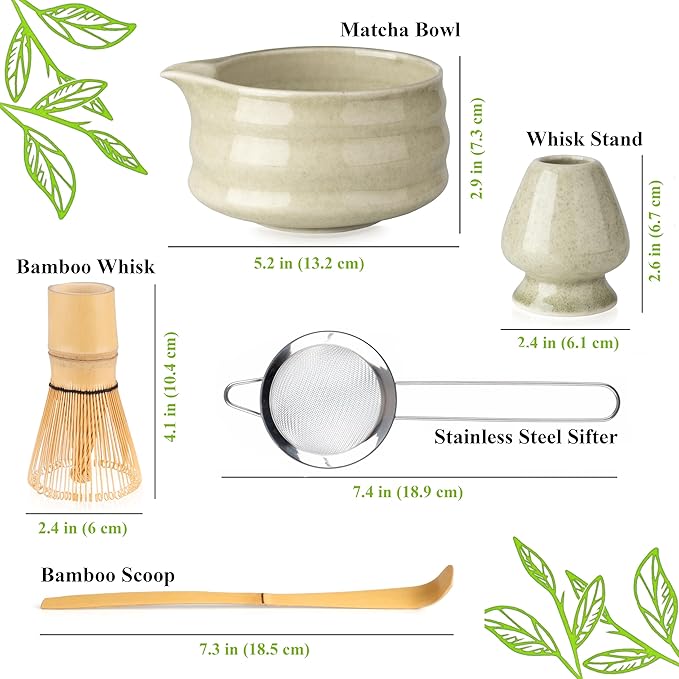 Matcha Whisk Set- Matcha Set includes Matcha Whisk and Bowl (Bowl with Spout), Sifter, Holder and Scoop- The Perfect Bamboo Whisk for Matcha Tea (Molted Green)