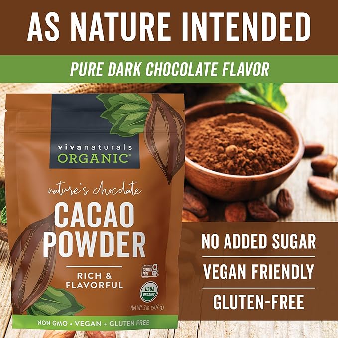Organic Cacao Powder, Unsweetened, 2 lb (907 g) – Rich Dark Chocolate Flavor, Perfect for Baking, Smoothies & Hot Chocolate – Vegan, Keto, Paleo, Non-GMO & Gluten-Free Cocoa Powder