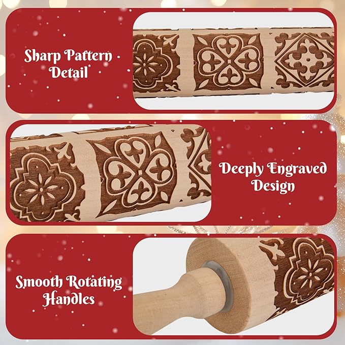 Gobam Embossed Rolling Pin for Cookies, Engraved Wooden Rolling Pin for Baking, Deep Pattern Cookie Roller for Christmas, Holiday, DIY Kitchen Decor and Gift - Vintage Tile