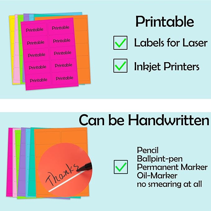 YSHIHE Colored Labels, 2" x 4", 8 Colors, 400 Labels, Permanent Adhesive, for Laser/Inkjet Printers