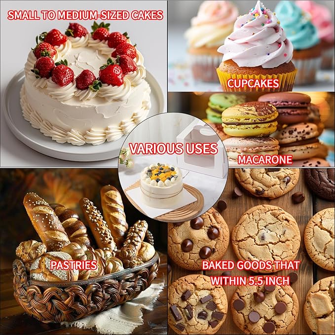 24pcs White 6 inch Cake Boxes with Cake Boards,6x6x6 In cake box with handle bento,cupcake,pastries for Christmas,Birthday Party, Wedding（with stickers