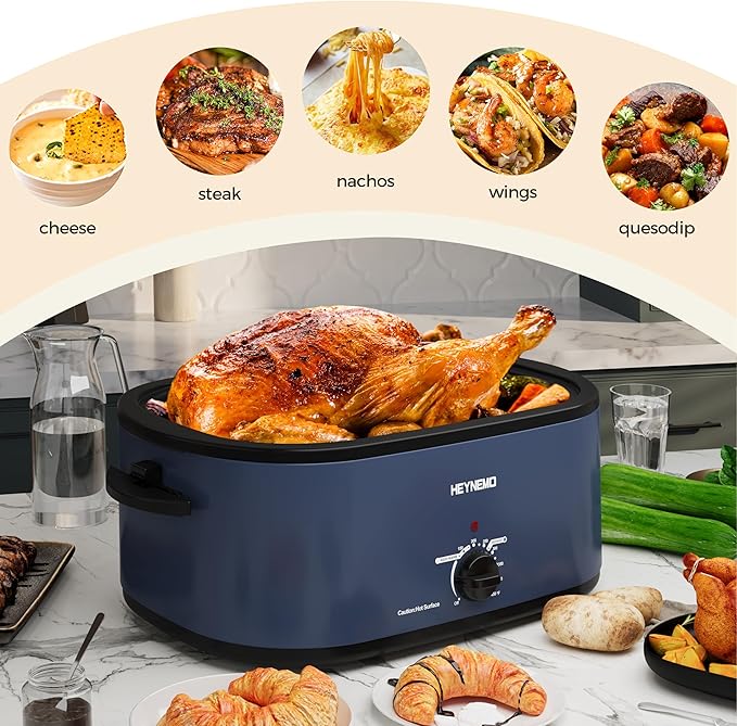 HEYNEMO Roaster Oven 22Qt, 1450W Electric Turkey Roaster Oven Buffet with Self-Basting Lid, Cool-Touch Handles, Removable Pan and Rack, Stainless Steel, Blue