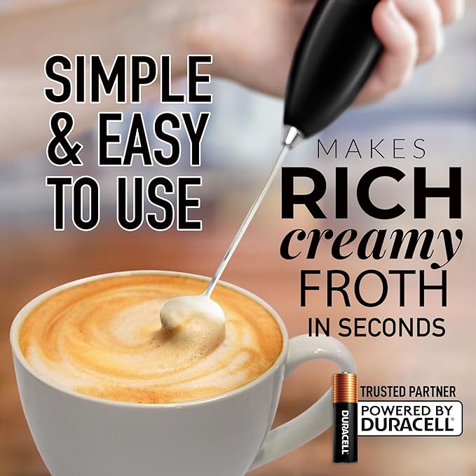 Zulay Kitchen Milk Frother Handheld Electric Whisk with AA Duracell Batteries – Durable Drink Mixer for Coffee, Lattes, Cappuccinos & More - Metallic Black