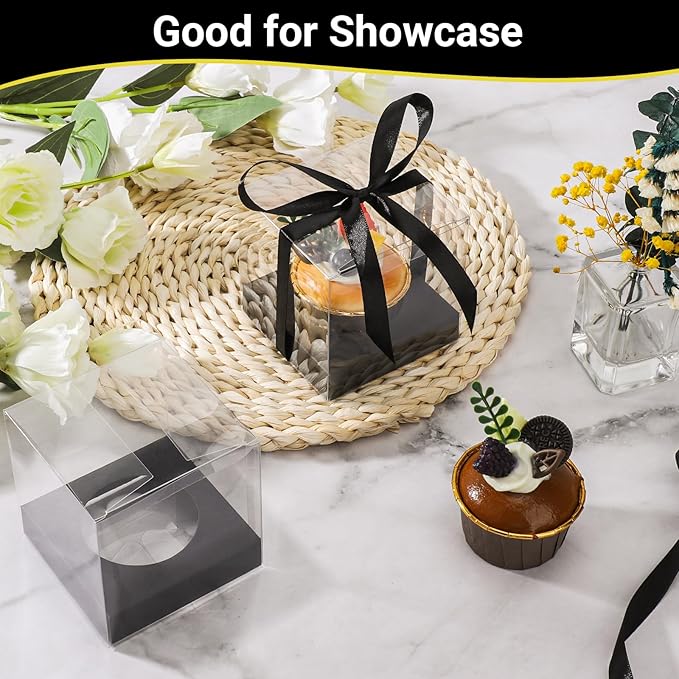 EUSOAR Individual Cupcake Holder, 50pcs 3.5 Inch Plastic Black Cupcake Containers with Lids, Single Transparent Display Clear Cupcake Carrier with Ribbon and Inserts for Wedding Party Favor