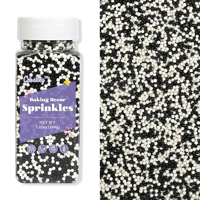 Nonpareils Sprinkles for Cake Decorating, White & Black Sprinkles Perfect for Cupcake Toppers Wedding Party Valentines Halloween Christmas Supplies 3.52 Ounce