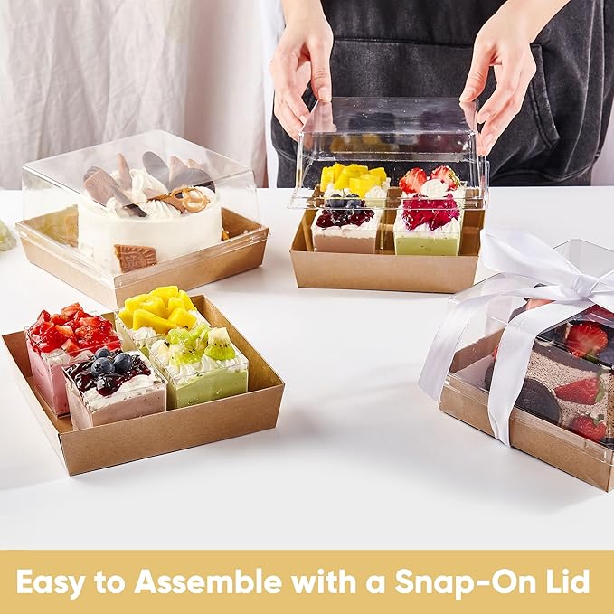 20 Pack 7x7x4 Cake Boxes with Clear Lids for 4-6 Inch Cakes, Treats or Desserts – Paper Bento Cake Boxes, Disposable Bundt Containers – Bakery Take Out Containers – To Go Square Packaging, Brown
