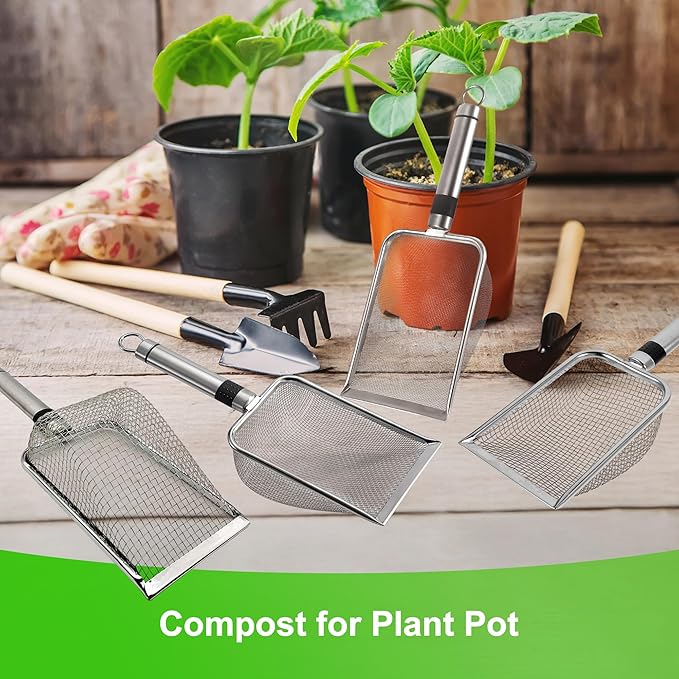 4pcs/Set Stainless Steel Soil Sifter for Gardening 4 Size Garden Sand Compost Sieves Dirt 2/2.8/3.8/5mm Mesh Dirt Rock Scoop Shovels with Handle Indoor Garden Planting Tool Compost