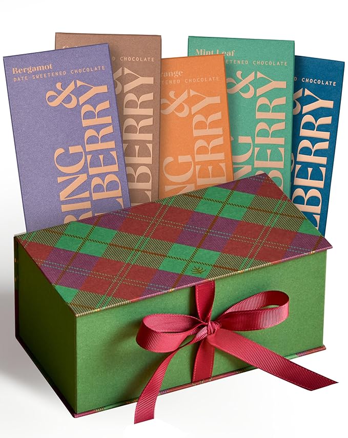 Spring & Mulberry Holiday Dark Chocolate Bars - Refined Sugar Free Dark Chocolate Sweetened w/Dates, Gluten Free Holiday Bars, Vegan Bar Treats - Essence Gift Set