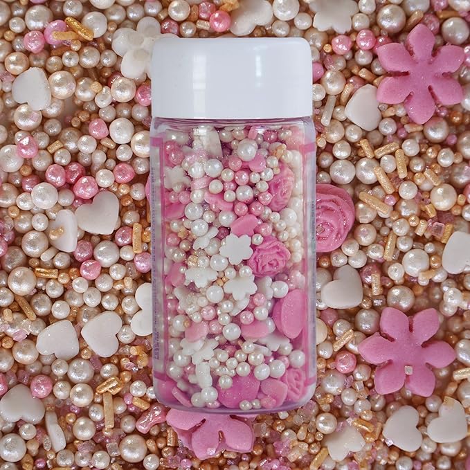 Confect Pink and White Rose Sprinkles Mix with Pearl Decorations – Edible Cake Topping for Cupcakes, Cookies, Desserts – Celebration Baking Decoration – Vegan, Gluten-Free, Nut-Free, Soy-Free, Dairy-Free , Handcrafted Sprinkle – 4.2 Oz