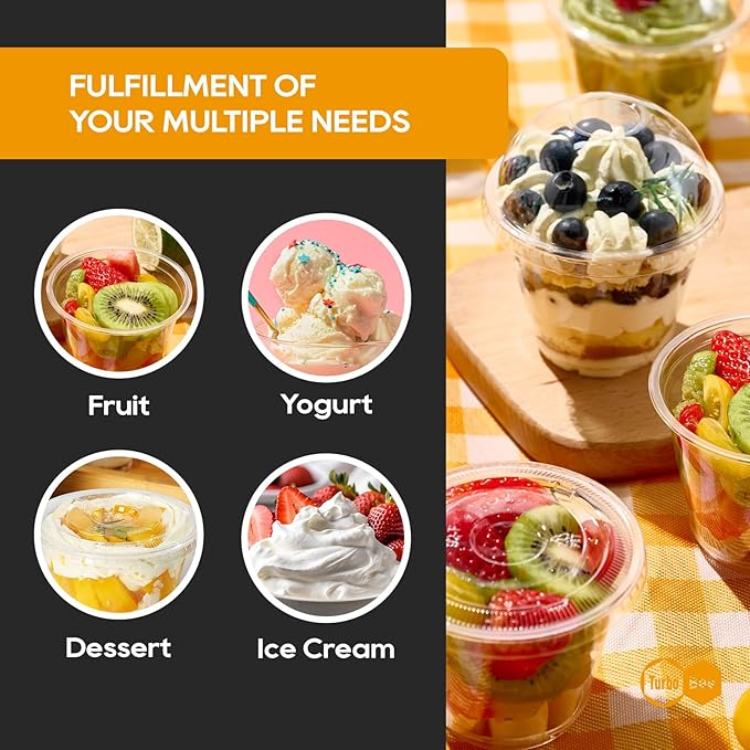 Turbo Bee 120 Pack 9 OZ Clear Plastic Cups with Dome Lids, Disposable Dessert Cups with Lids for Fruit, Snack Smoothie, Pudding and Ice Cream (No Hole)