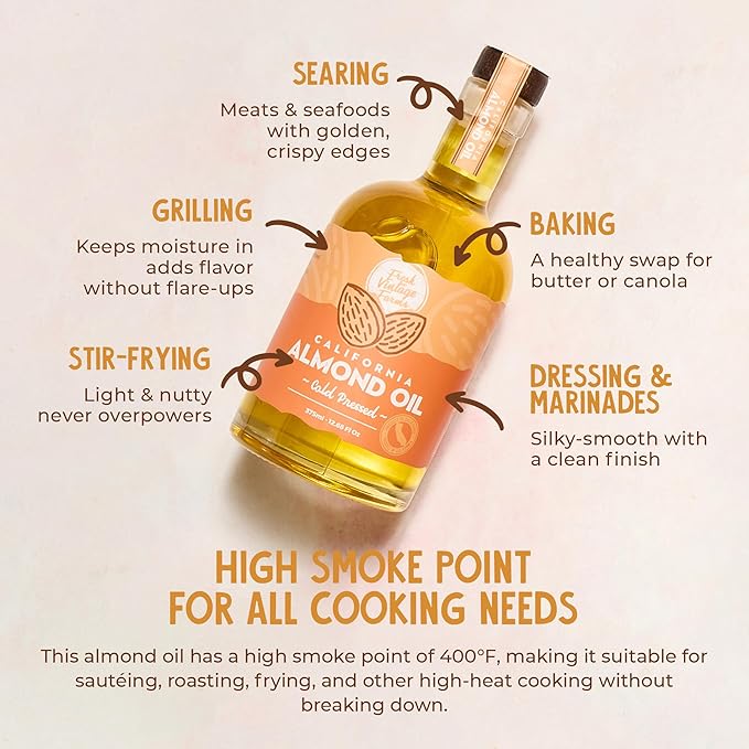 Fresh Vintage Farms 100% Cold Pressed Sweet Almond Oil | Nutrient-Rich Healthy Cooking Oil for Cooking, Baking, Grilling, Dipping, & Salads | Cold Pressed Almond Oil - 12.68 Fl oz, Pack of 6